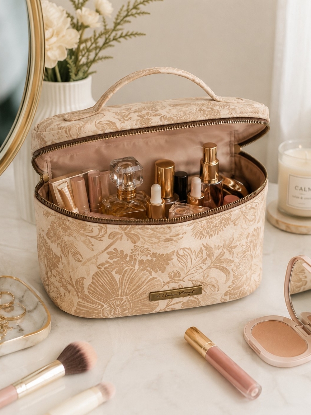 Revive Vintage NWT Beige Floral Makeup Bag Travel Cosmetic Toiletry Organizer